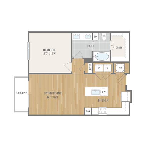 Floor plan for 1 bed, 1 bath, 808 sqft